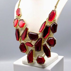 Vintage Oppulent Rich Red Party Necklace, Gold Tone Chain with Fantastic Bib of
